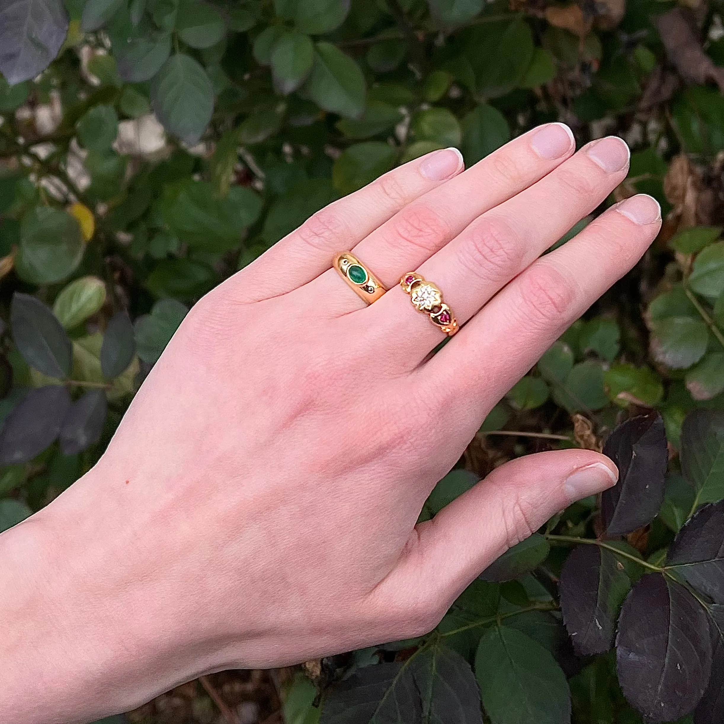 Vintage Emerald and Diamond 18k Gold Bezel Set Ring